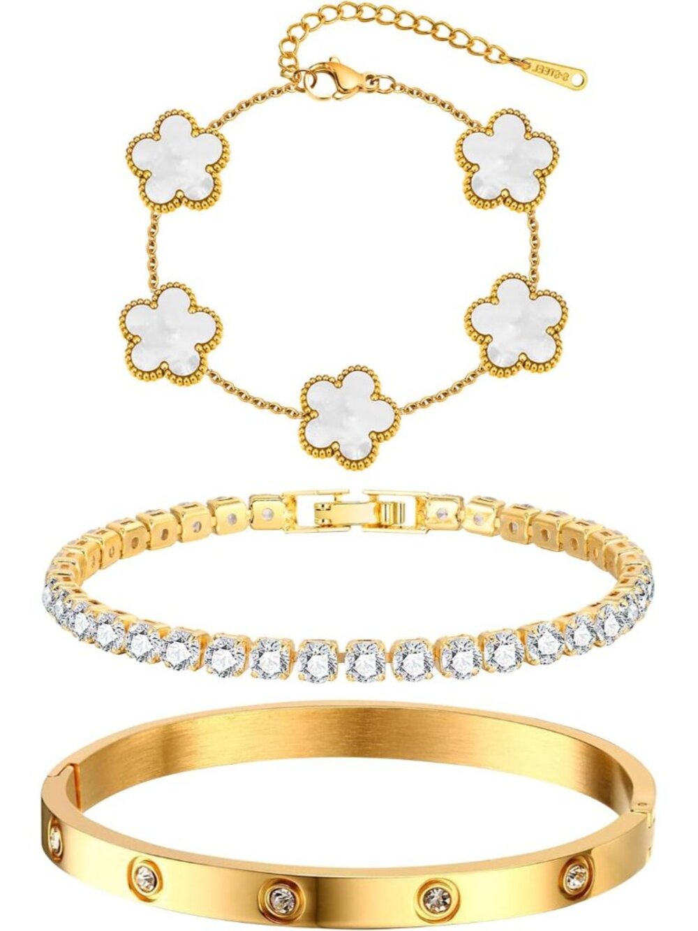 Womens Stackable Floral Gold Bracelets - 3Pcs 18K Gold Plated Bracelet,Stainless
